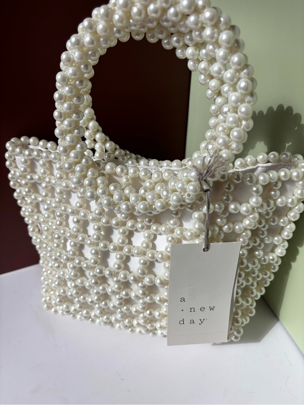 A NEW DAY Ivory Pearl Beaded Tote Bag with Round Handles, NWT - Picture 1 of 6